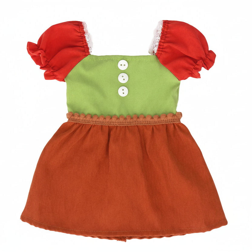 Doll dress with red sleeves and green top on a white background