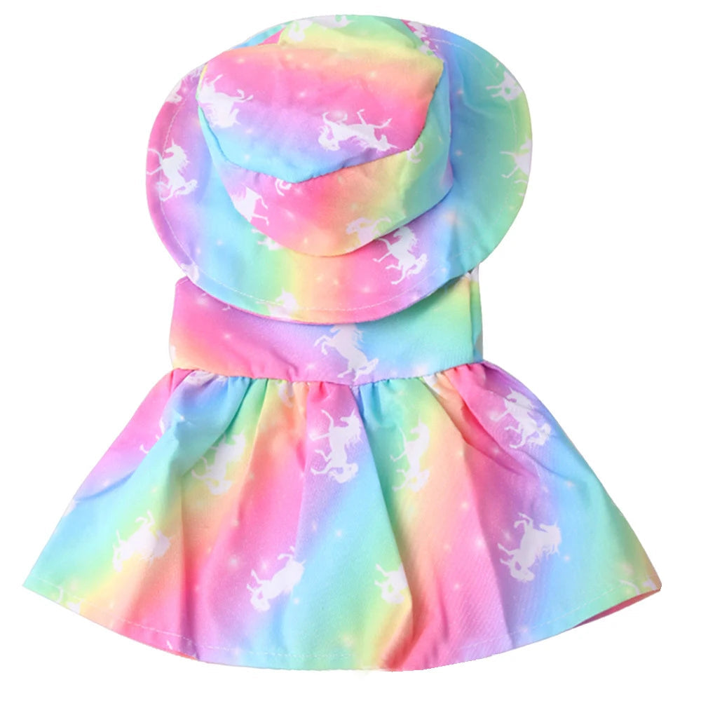 Pastel Rainbow Tie-Dye Unicorn Print Dress with Matching Hat for 18 in Dolls