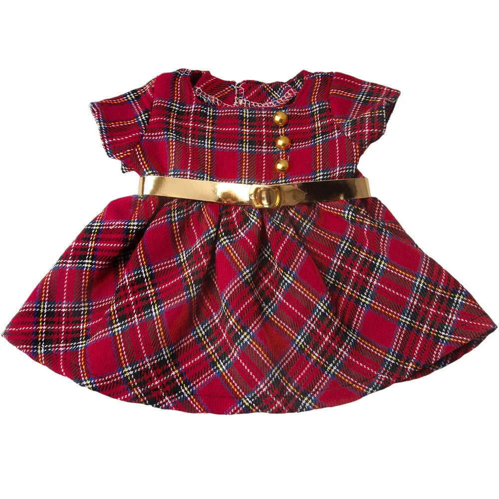 Red plaid dress with gold belt on a white background