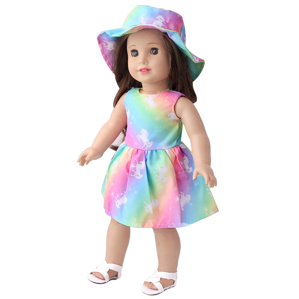 Doll wearing a colorful dress and hat on a white background