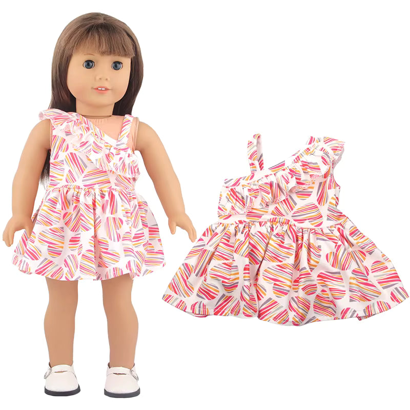 Asymmetrical Ruffle Heart Print Dress for 18 in Dolls