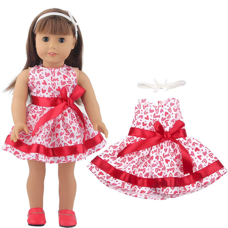 Red Ribbon Heart Print Dress for 18 in Dolls